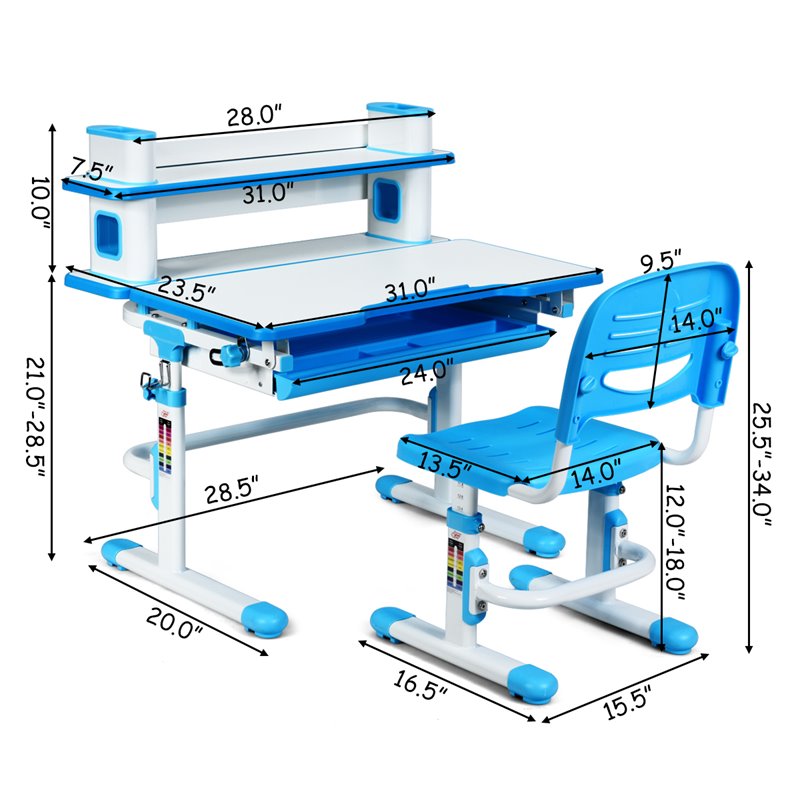 Costway MDF and Steel Adjustable Height Children's Desk Chair Set in Blue Finish