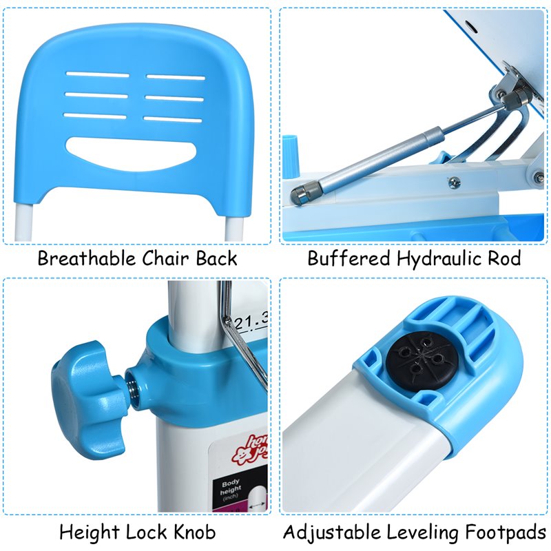 Costway MDF and Steel Adjustable Height Children's Desk Chair Set in Blue Finish