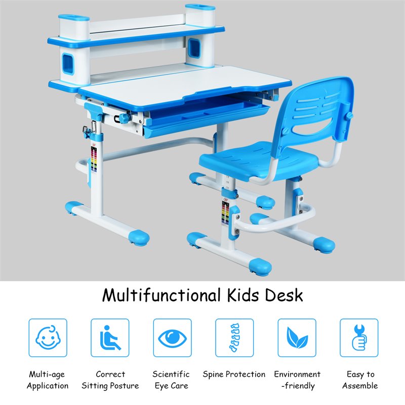 Costway MDF and Steel Adjustable Height Children's Desk Chair Set in Blue Finish