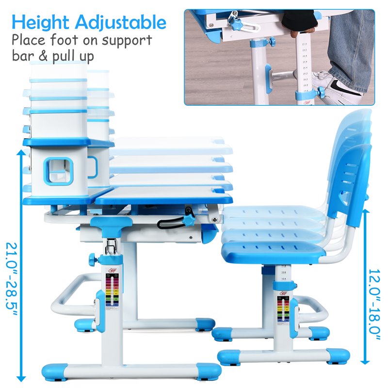 Costway MDF and Steel Adjustable Height Children's Desk Chair Set in Blue Finish