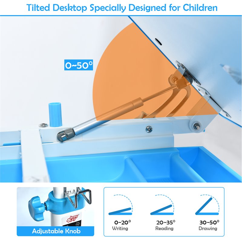 Costway MDF and Steel Adjustable Height Children's Desk Chair Set in Blue Finish