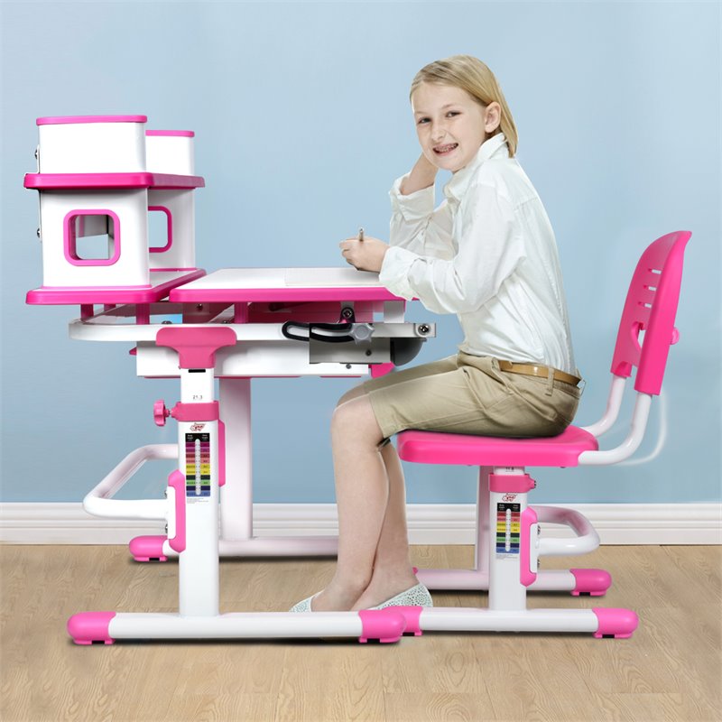 Costway MDF and Steel Adjustable Height Children's Desk Chair Set in Pink Finish