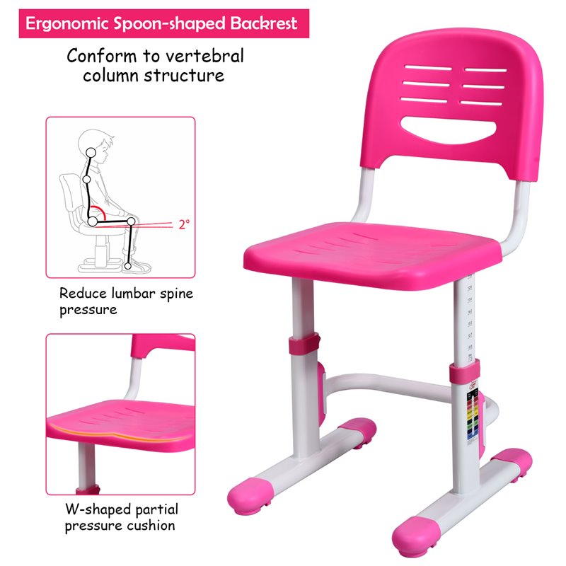 Costway MDF and Steel Adjustable Height Children's Desk Chair Set in Pink Finish