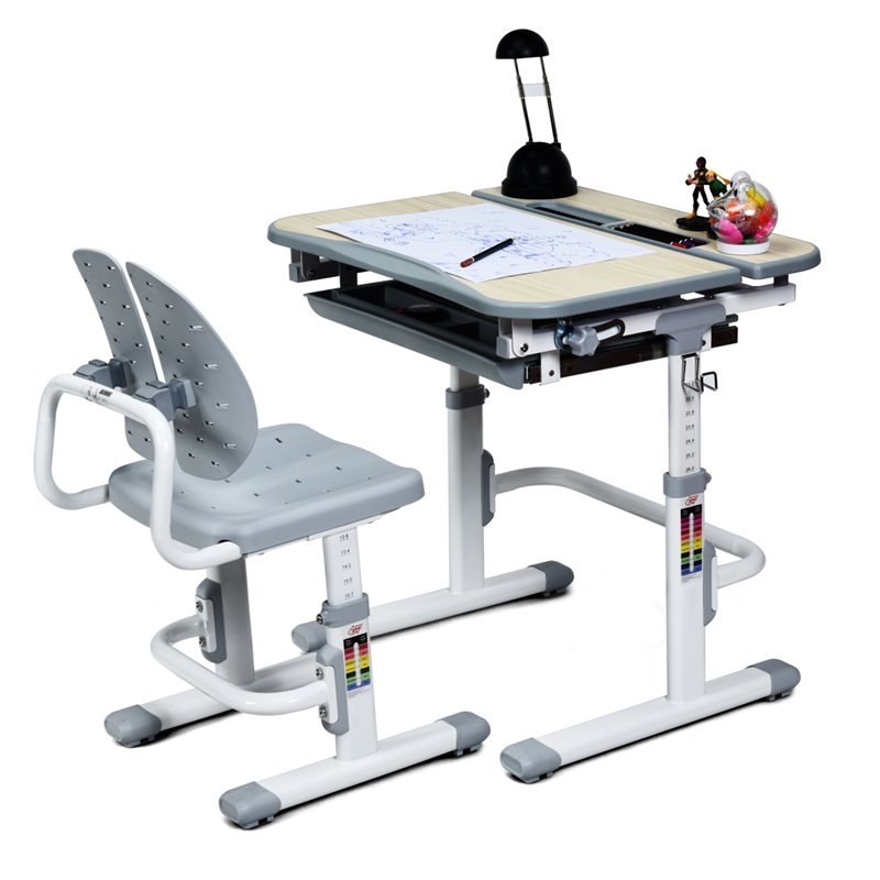 Costway MDF and Iron Adjustable Children Desk Chair Set with Drawer in Gray