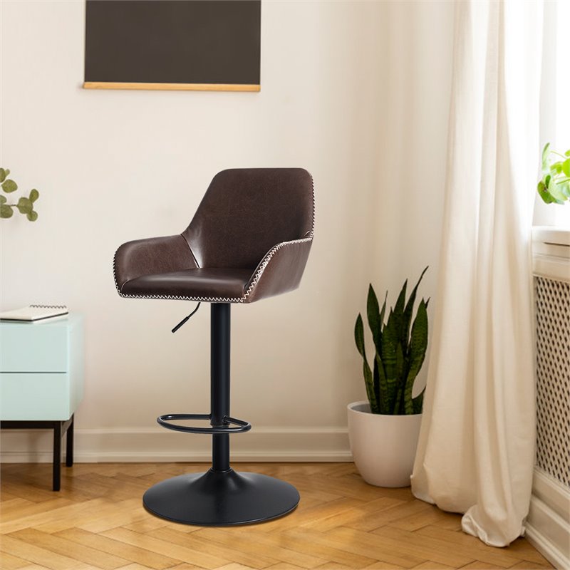 Costway Leather and Iron Retro Adjustable Swivel Bar Stool in Brown