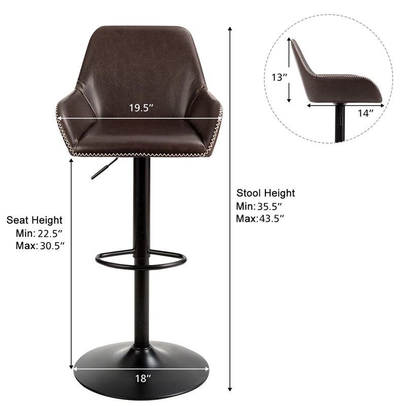 Costway Leather and Iron Retro Adjustable Swivel Bar Stool in Brown