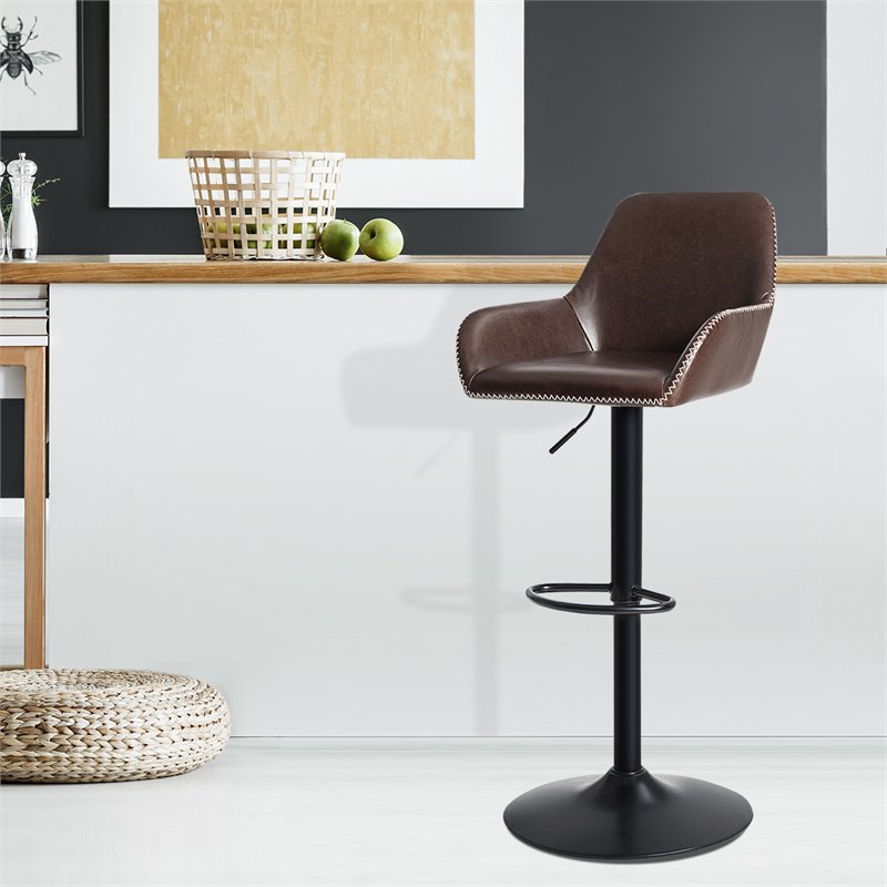 Costway Leather and Iron Retro Adjustable Swivel Bar Stool in Brown