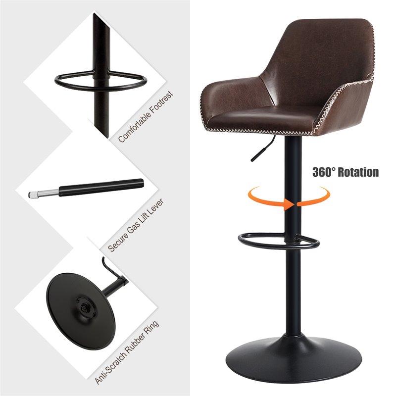 Costway Leather and Iron Retro Adjustable Swivel Bar Stool in Brown