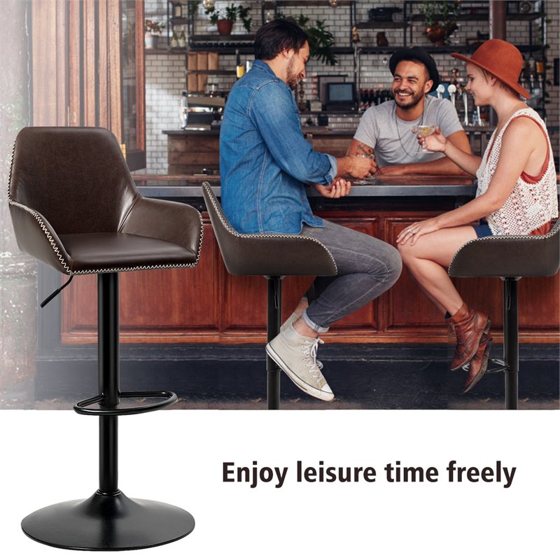 Costway Leather and Iron Retro Adjustable Swivel Bar Stool in Brown