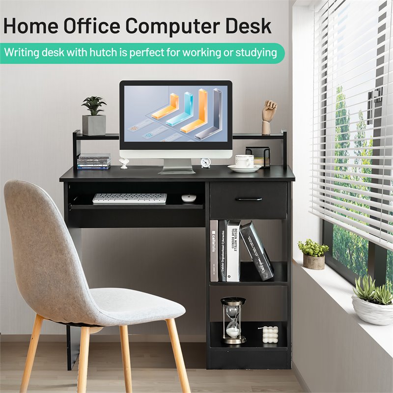 Costway Particle Board Computer Desk with 2-Tier Open Storage Shelves in Black