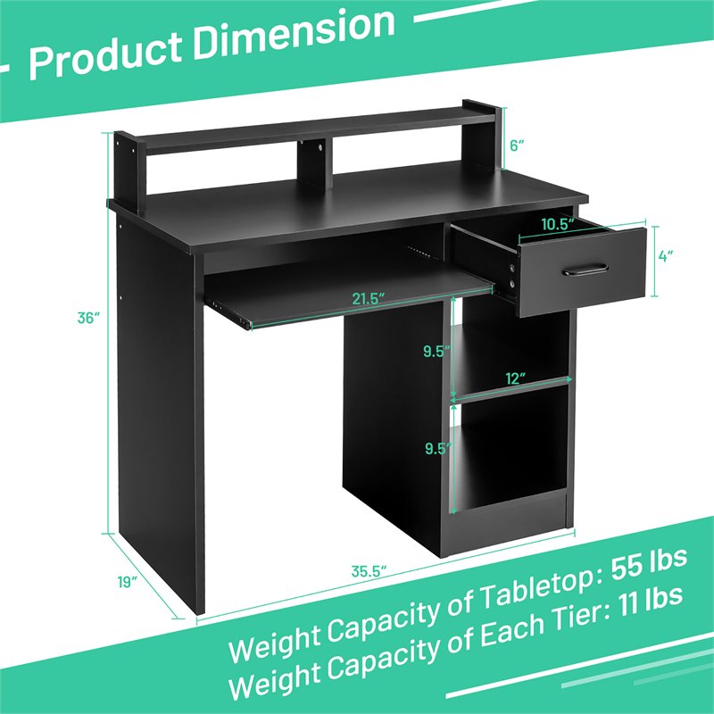 Costway Particle Board Computer Desk with 2-Tier Open Storage Shelves in Black