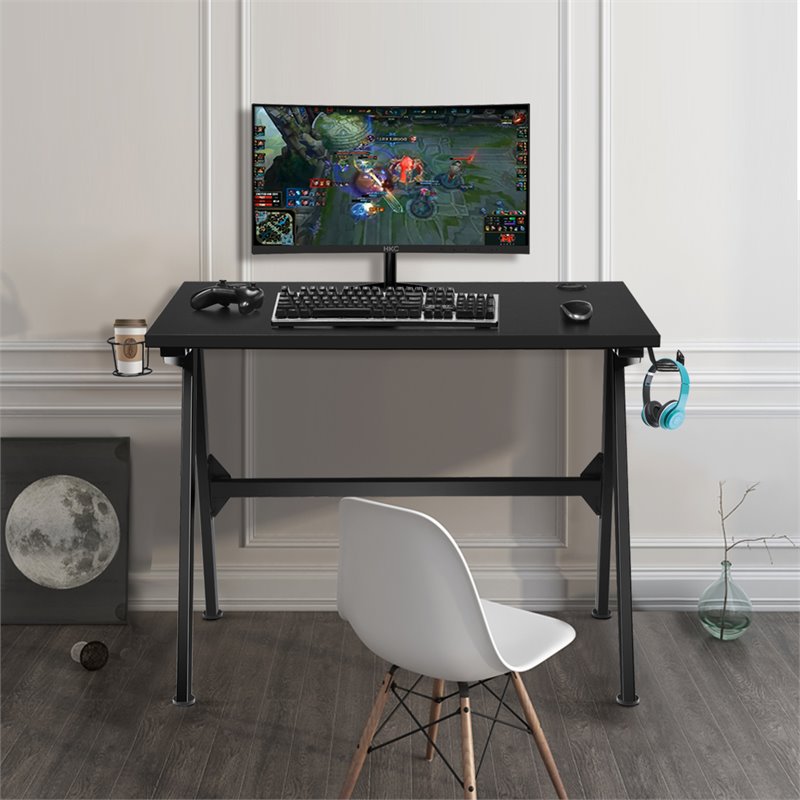 Costway MDF and Metal Computer Desk with Cup Holder & Headphone Hook in Black