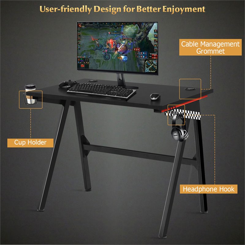 Costway MDF and Metal Computer Desk with Cup Holder & Headphone Hook in Black