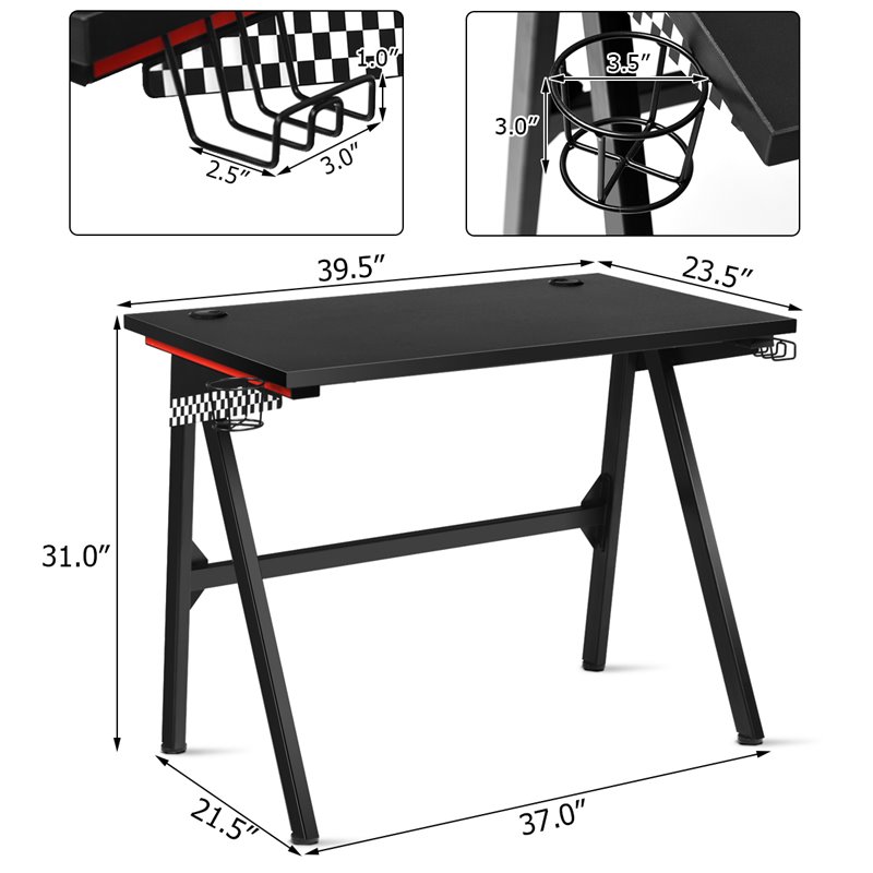 Costway MDF and Metal Computer Desk with Cup Holder & Headphone Hook in Black