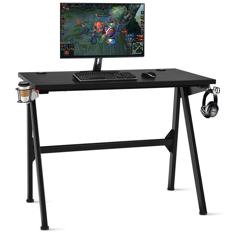Costway MDF and Metal Computer Desk with Cup Holder & Headphone Hook in Black