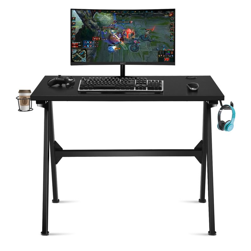 Costway MDF and Metal Computer Desk with Cup Holder & Headphone Hook in Black