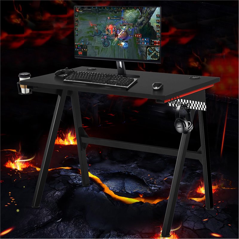 Costway MDF and Metal Computer Desk with Cup Holder & Headphone Hook in Black