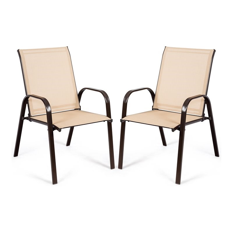 Costway Steel Fabric Patio Chairs Dining Chair with Armrest in Beige (Set of 2)