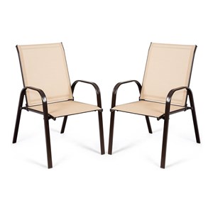 Costway Steel Fabric Patio Chairs Dining Chair with Armrest in Beige (Set of 2)