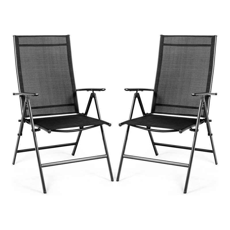Costway Steel Fabric Patio Folding Chair Adjustable Backrest in Black (Set of 2)