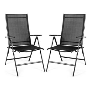 Costway Steel Fabric Patio Folding Chair Adjustable Backrest in Black (Set of 2)