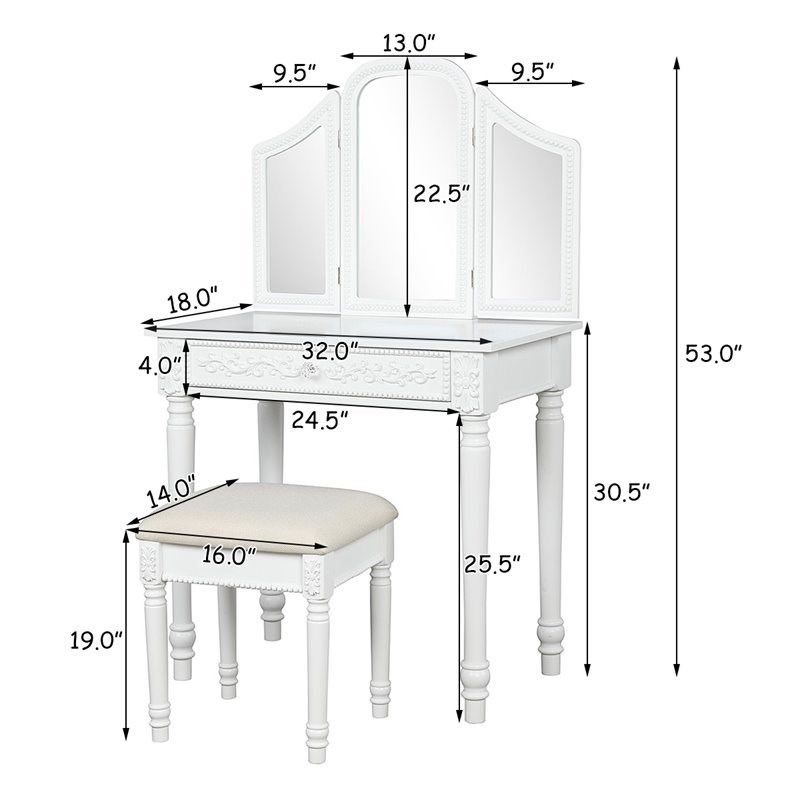 Costway MDF Tri Folding Vanity Makeup Dressing Set with 2 Side Mirrors in White
