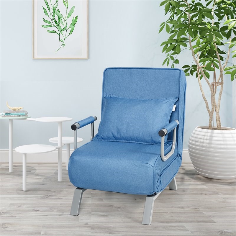 Costway Steel and Linen 5-Position Folding Sleeper Bed with Pillow Blue