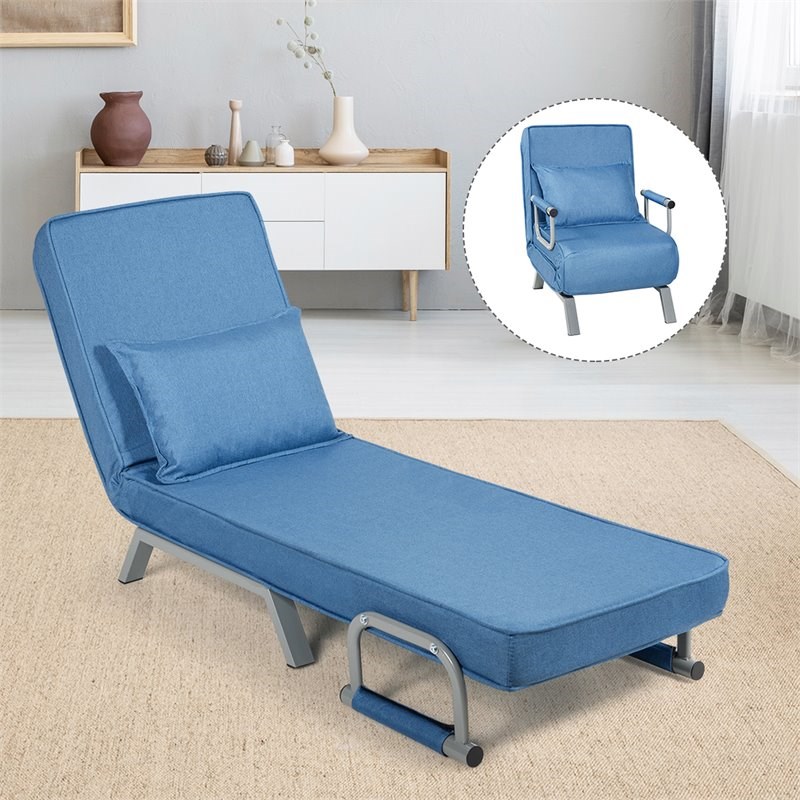 Costway Steel and Linen 5-Position Folding Sleeper Bed with Pillow Blue