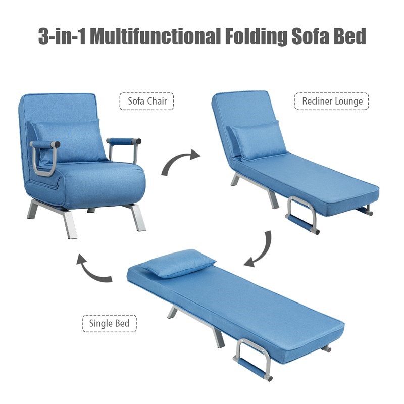 Costway Steel and Linen 5-Position Folding Sleeper Bed with Pillow Blue