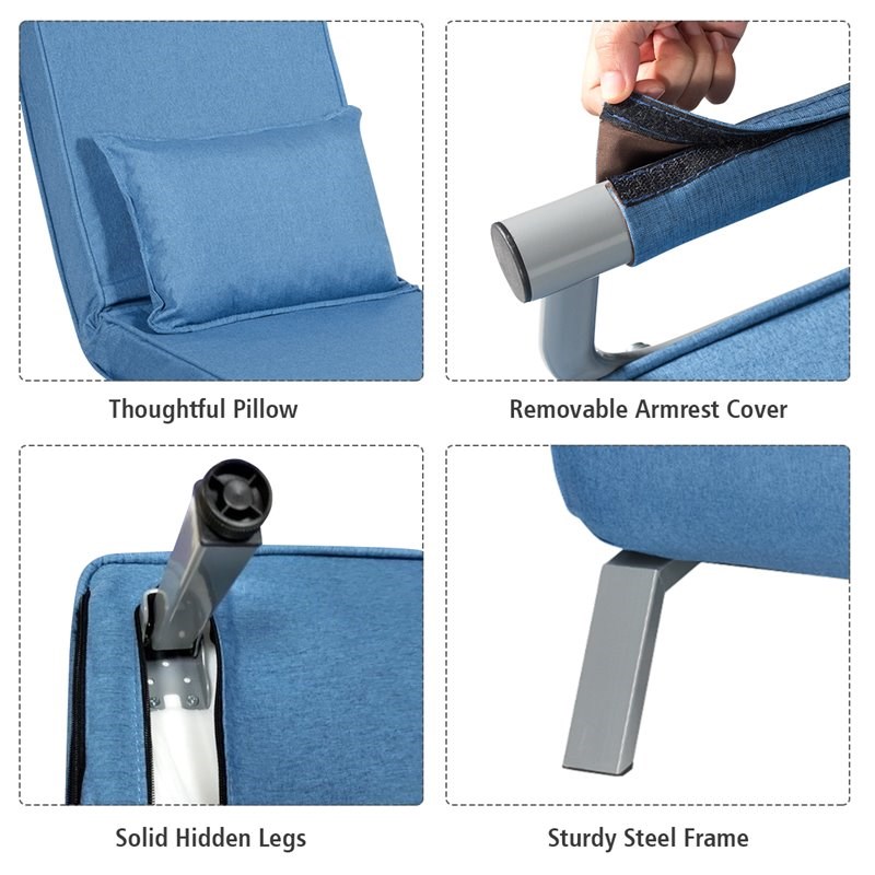 Costway Steel and Linen 5-Position Folding Sleeper Bed with Pillow Blue