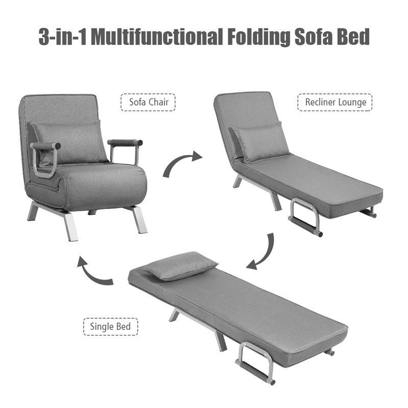 Costway Steel and Linen 5-Position Folding Sleeper Bed with Pillow Gray