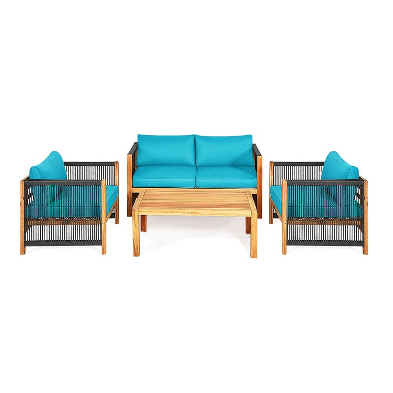 Costway 4-piece Wood and Sponge Patio Furniture Set with Armrest in Turquoise