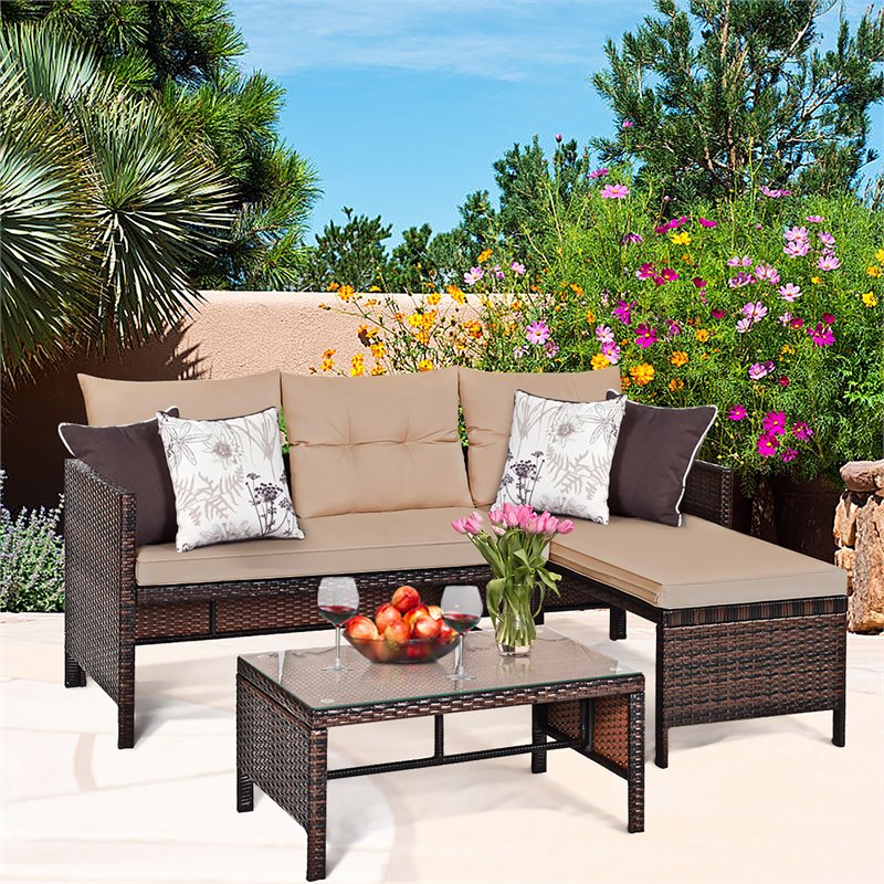 Costway 3-piece L-shaped Acacia Wood Patio Sofa Set with Cushion in Brown