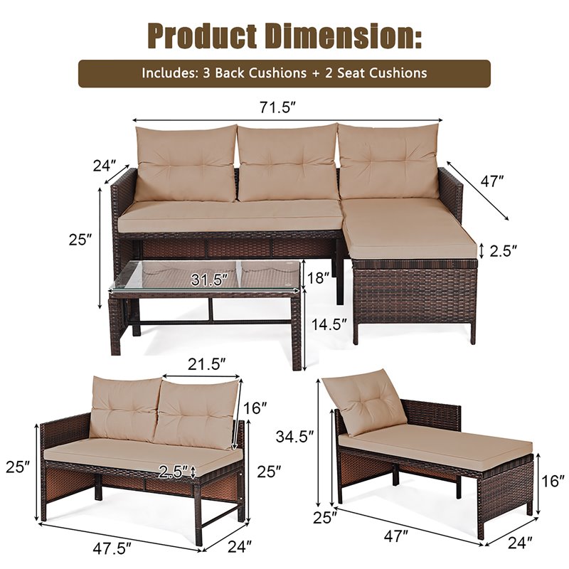 Costway 3-piece L-shaped Acacia Wood Patio Sofa Set with Cushion in Brown