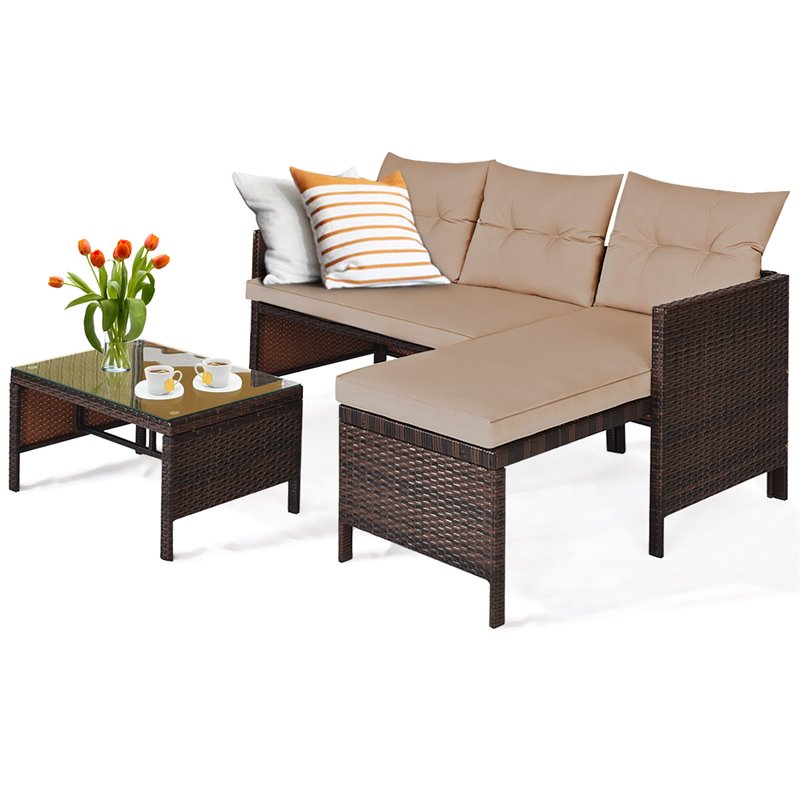 Costway 3-piece L-shaped Acacia Wood Patio Sofa Set with Cushion in Brown