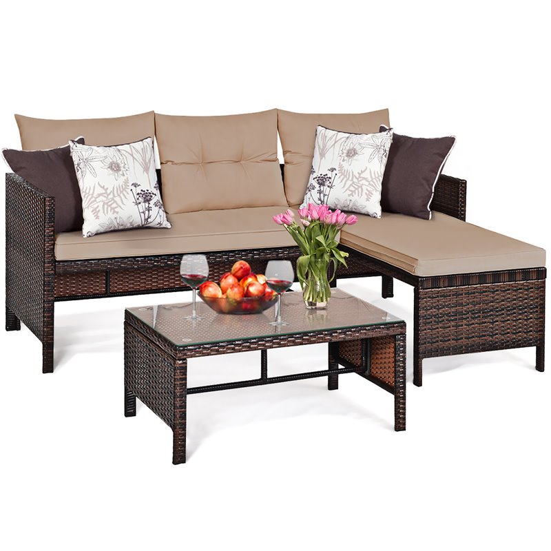 Costway 3-piece L-shaped Acacia Wood Patio Sofa Set with Cushion in Brown