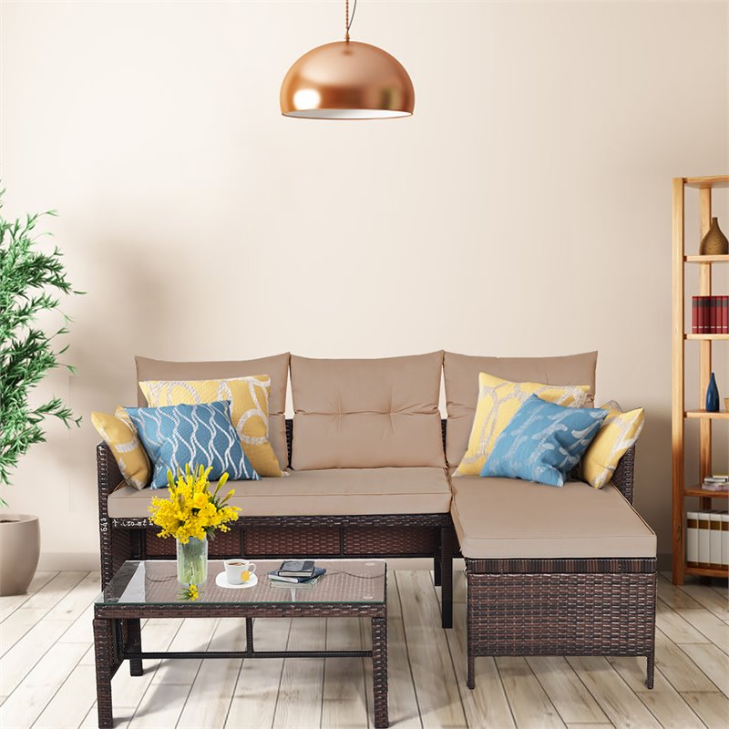 Costway 3-piece L-shaped Acacia Wood Patio Sofa Set with Cushion in Brown