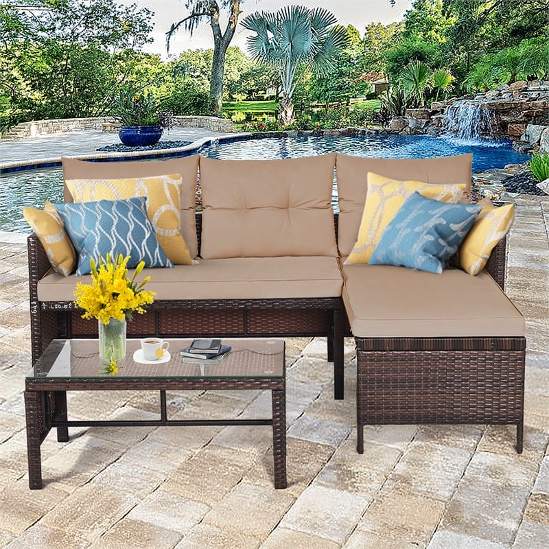 Costway 3-piece L-shaped Acacia Wood Patio Sofa Set with Cushion in Brown