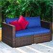 Costway 2-piece Rattan Patio Corner Sofa Set with Navy Cushion in Brown
