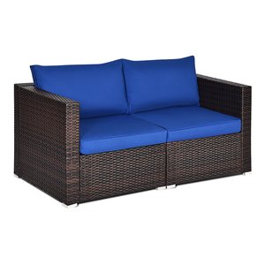 Costway 2-piece Rattan Patio Corner Sofa Set with Navy Cushion in Brown