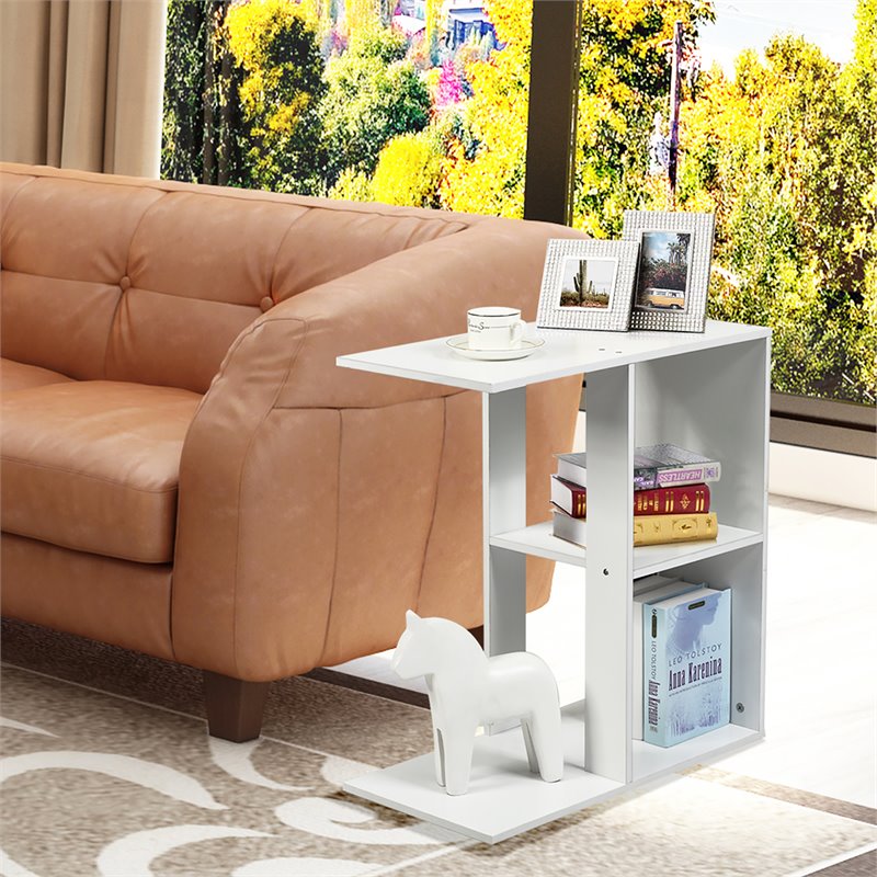 Costway Contemporary Particle Board Side Table with 3-tier Open Shelf in White