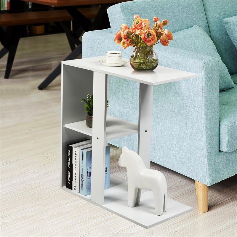 Costway Contemporary Particle Board Side Table with 3-tier Open Shelf in White