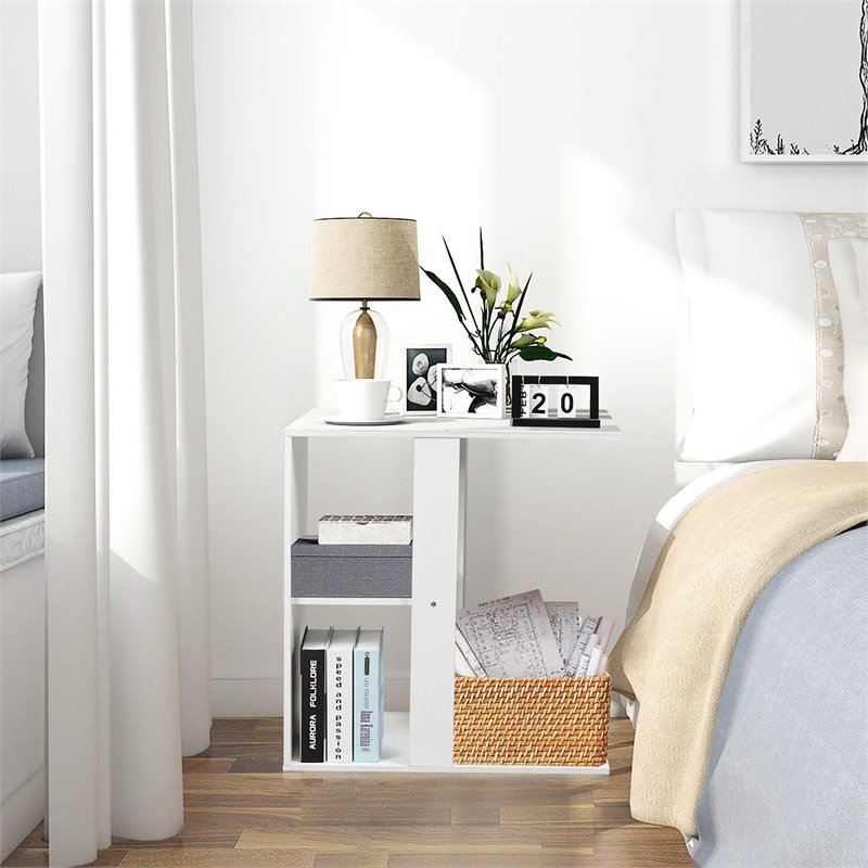 Costway Contemporary Particle Board Side Table with 3-tier Open Shelf in White