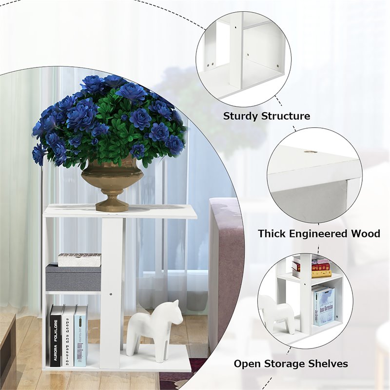 Costway Contemporary Particle Board Side Table with 3-tier Open Shelf in White