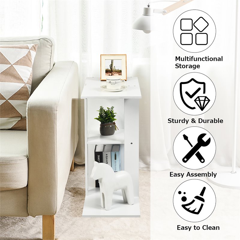 Costway Contemporary Particle Board Side Table with 3-tier Open Shelf in White