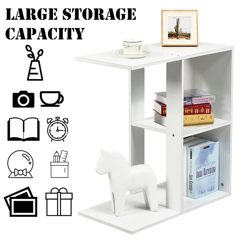 Costway Contemporary Particle Board Side Table with 3-tier Open Shelf in White