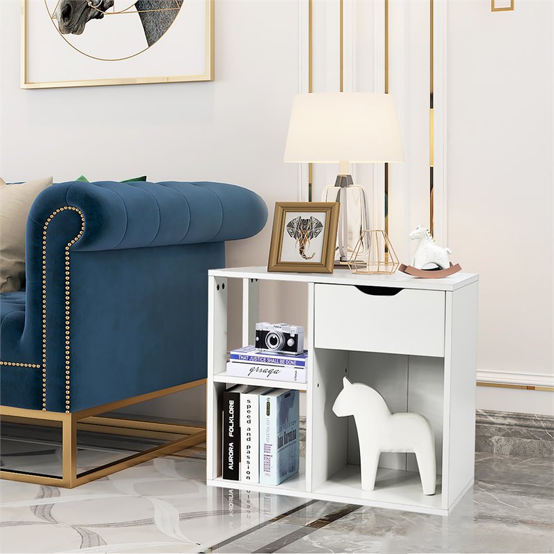 Costway Contemporary Particle Board Side Table with 3 Compartments in White