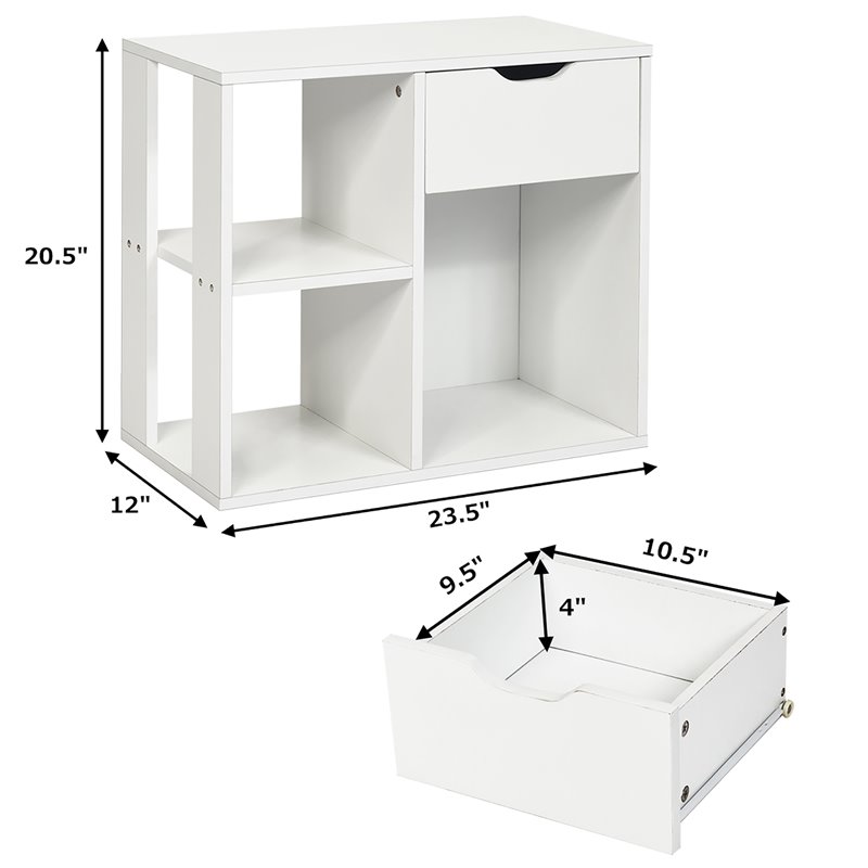 Costway Contemporary Particle Board Side Table with 3 Compartments in White