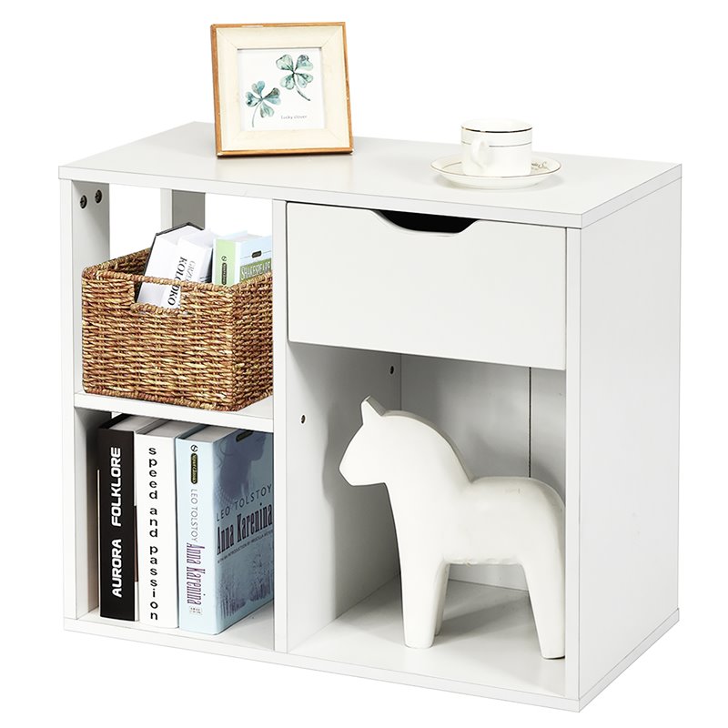 Costway Contemporary Particle Board Side Table with 3 Compartments in White