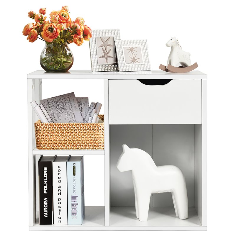 Costway Contemporary Particle Board Side Table with 3 Compartments in White